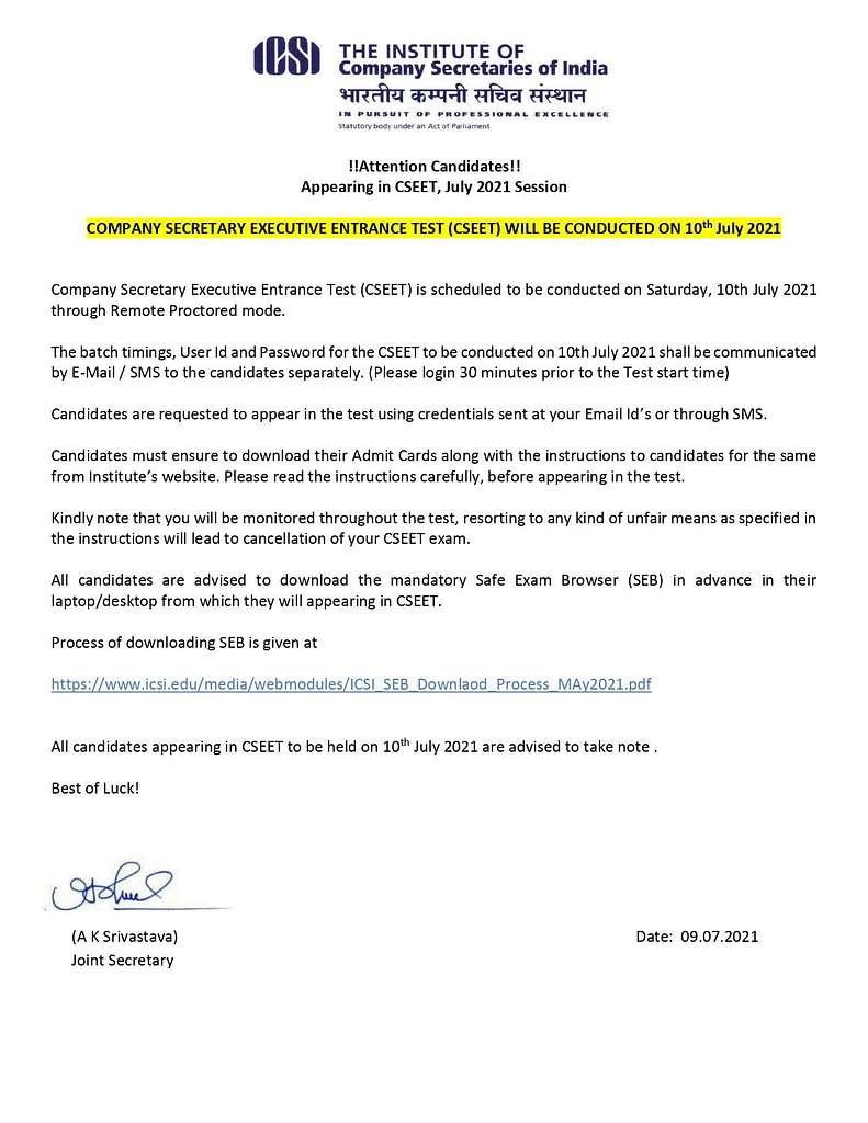 09072021 Communication regarding CSEET to be held on 10th July 2021 page 0001